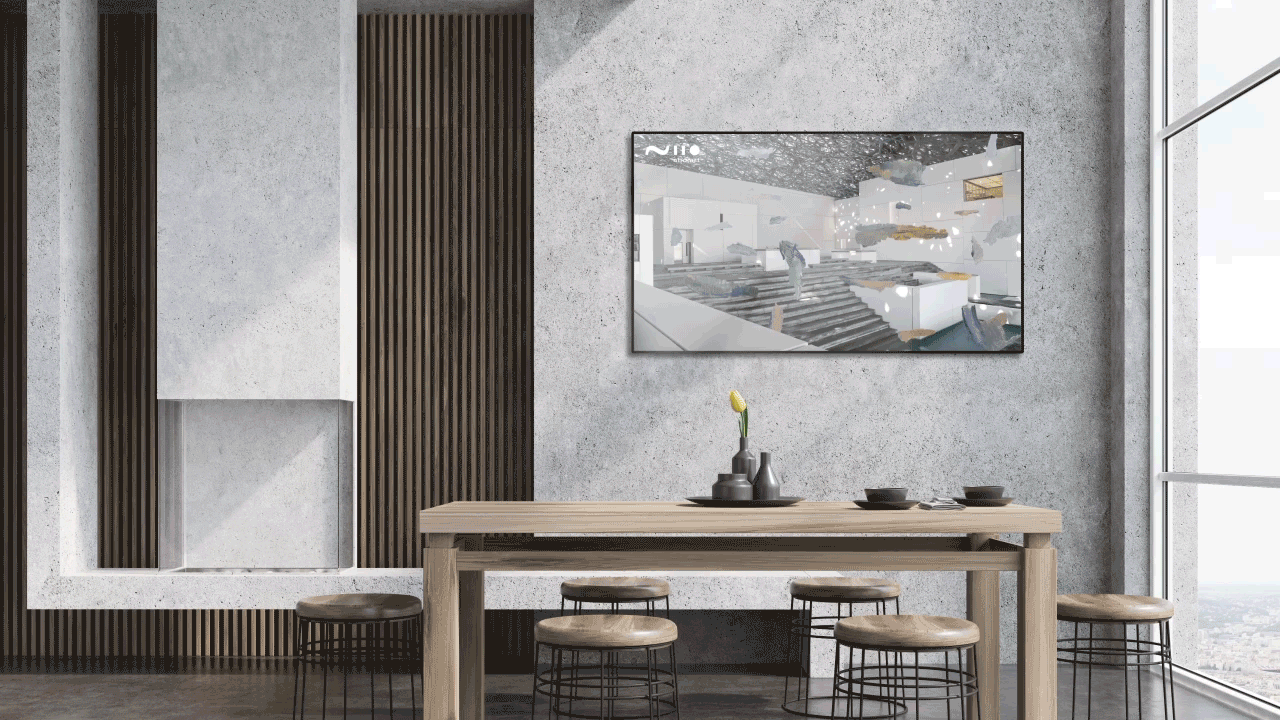 Luxury minimalist seating area in a high-end local residential apartment. On the wall a framed innovative artwork: Cézanne Unfixed by Joe Hamilton, Powered by Niio